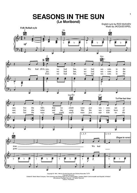 Seasons In The Sun (Le Moribond)" Sheet Music by Terry Jacks for Piano/Vocal/Chords - Sheet ...