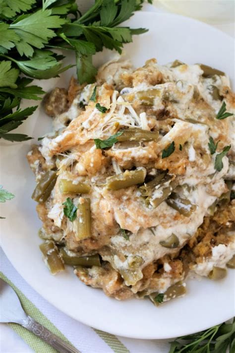 Slow Cooker Chicken Stuffing Green Bean Casserole - Love Bakes Good Cakes