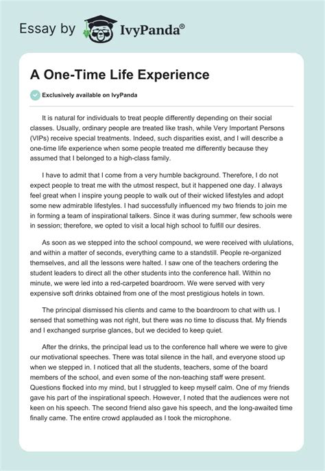 A One-Time Life Experience - 599 Words | Essay Example