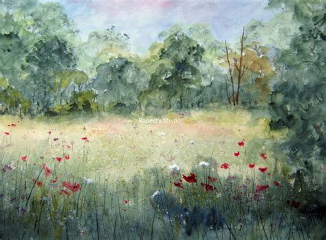 Meadow watercolor painting archival print landscape