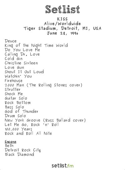 KISS Setlist Tiger Stadium, Detroit, MI, USA 1996, Alive/Worldwide ...