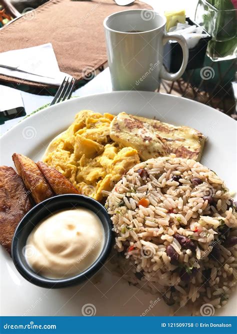 Typical Costa Rica Breakfast with Eggs Rice Beans Plantains Stock Photo ...