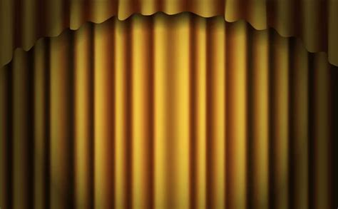 Gold stage curtain realistic vector. Closed silky luxury Gold curtain stage background spotlight ...