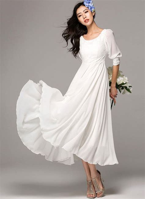 Half Sleeve White Maxi Dress with Lace Details on the Front Bodice and ...