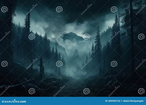 Nocturnal Mystique Misty, Foggy Night In A Dark Forest Landscape Stock ...