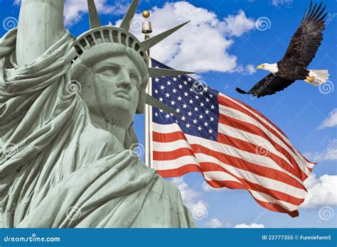 American Flag, Flying Bald Eagle,statue Of Liberty Stock Image - Image ...