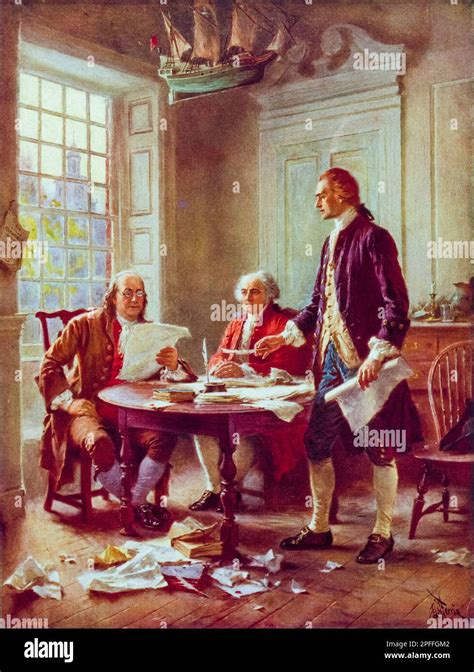 Thomas Jefferson, Benjamin Franklin, and John Adams meet to review a draft of the Declaration of ...