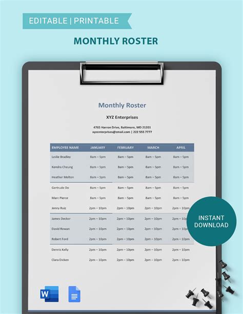 Monthly Roster Template - Download in Word, Google Docs | Template.net