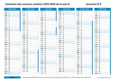 Vacances scolaires 2023 2024 ZONE B - Calendrier scolaire 2023-2024