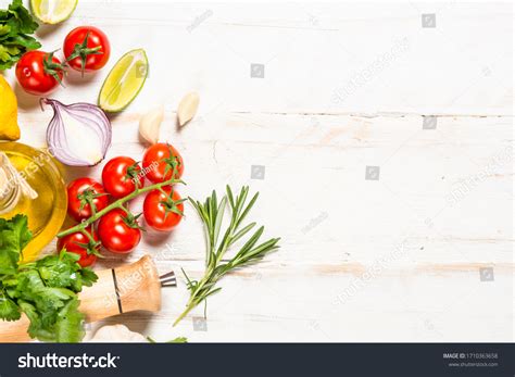 Food Cooking Background On White Wooden Stock Photo 1710363658 ...