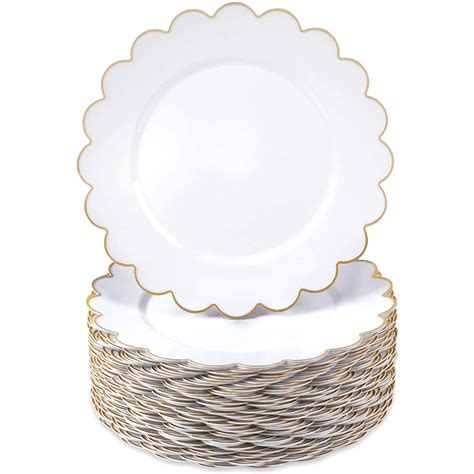 50-Pack White Vintage Disposable Plastic Dinner Plates with Gold Scalloped Flower Rim for ...