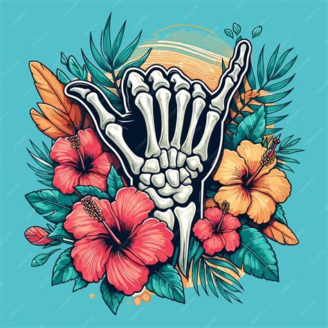 Premium Vector | Skeleton arm with shaka sign and tropical leaves