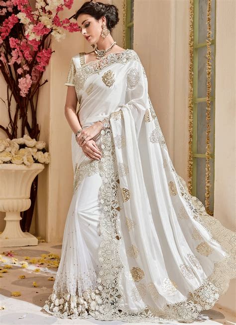 WHITE SILK N NET EMBELLISHED DESIGNER WEDDING SAREE