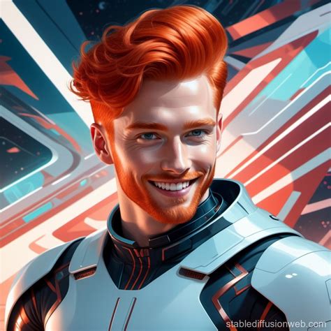 a portrait of a british red haired male competitor in a futuristic sport smiling at his unseen ...