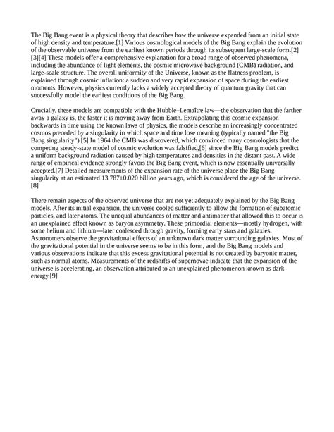 Big Bang - [1] Various cosmological models of the Big Bang explain the ...