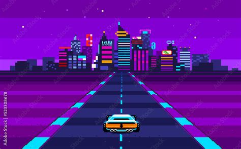 Retro 8-bit game Race Arcade in Pixel Cyberpunk style. Pixel synthwave graphics with night city ...