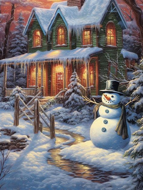 a painting of a snowman in front of a house