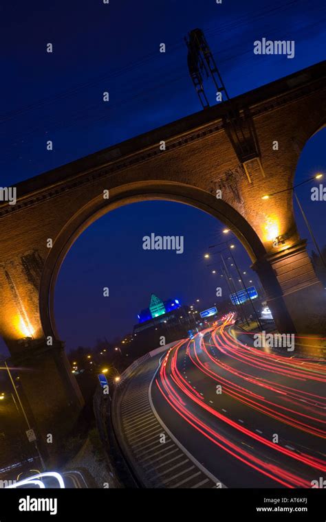 M60 Motorway, Stockport Pyramid and Viaduct at night. Stockport ...