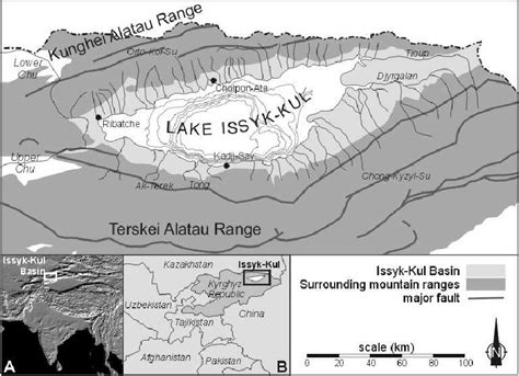 General localisation map of Lake Issyk-Kul, indicating the surrounding... | Download Scientific ...