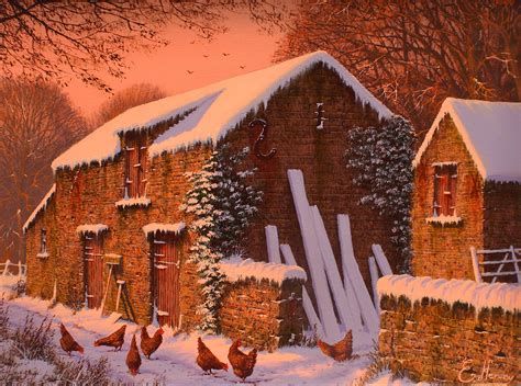 Old Barn Snow Scene with Chickens – Baron Fine Art