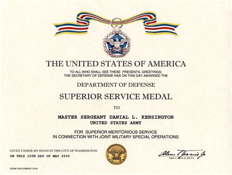 Defense Superior Service medal certificate