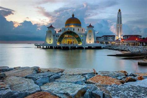 Malacca Straits Mosque at dusk on the Straits of Malacca Malaysia. # ...