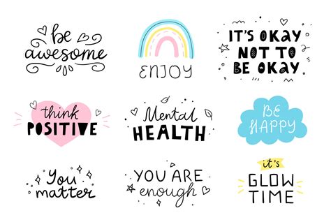 Motivational and Inspirational quotes set for Mental Health Day. Hand drawn vector letterings ...