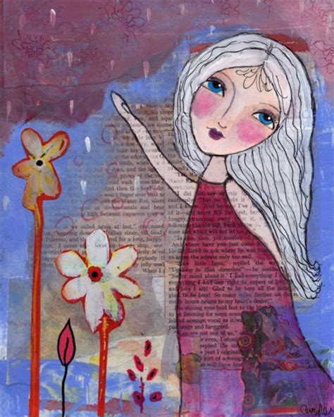 Whimsical Folk Art Girl Mixed Media Print She by AngelaKiszkaArt