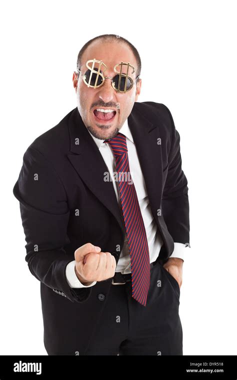 Businessman with dollar-sign glasses standing and cheering Stock Photo - Alamy