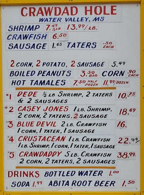 Crawdad Hole menu in Water Valley, Mississippi, USA