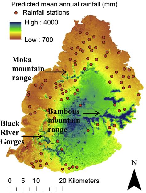 Predicted mean annual rainfall 2000e2011. Orange dots indicate the... | Download Scientific Diagram