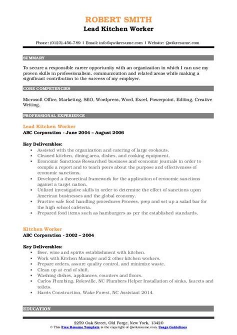 Kitchen Worker Resume Samples | QwikResume