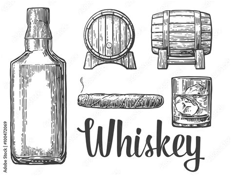 Whiskey glass with ice cubes, barrel, bottle, cigar. Vector vintage illustration. white ...