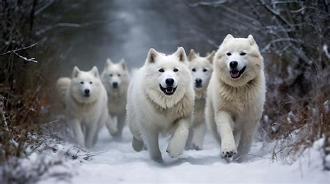 Premium AI Image | A pack of samoyed dogs running in the snow