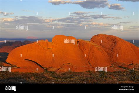 Aerial view of Kata Tjuta, The Olgas in front of Uluru, Ayers Rock at ...