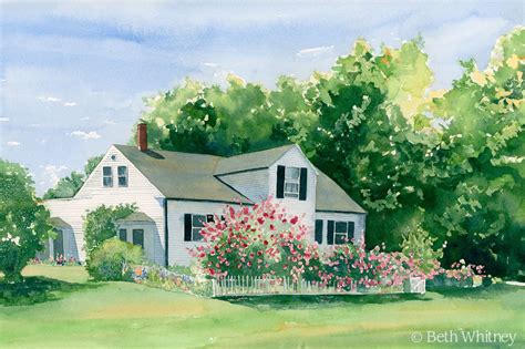 "\"Rosebriar Cottage\" is a fine art print of an original watercolor painting by Beth Whitney. A ...