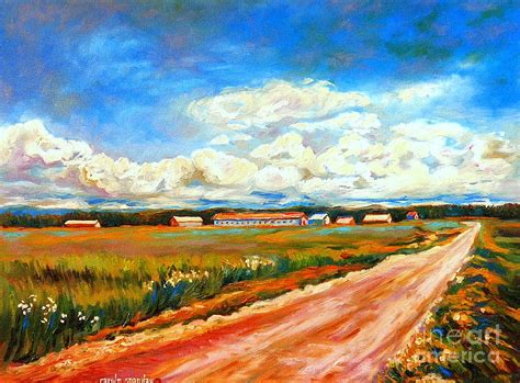 Blue Skies Quebec Landscape Painting Road To The Little Village Painting by Carole Spandau