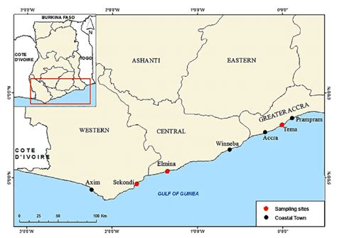 Map of Ghana indicating sampling sites along the coast (first presented ...