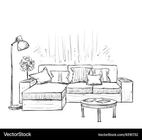 Room interior sketch hand drawn sofa Royalty Free Vector