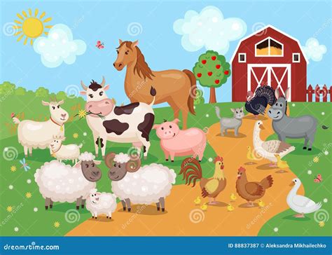 Illustration with Farm Animals and Birds Stock Vector - Illustration of ...