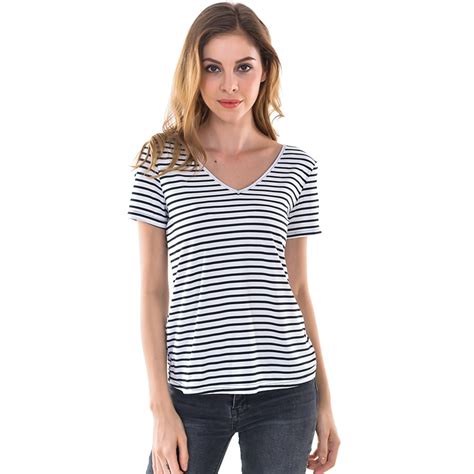 2018 Summer Short Sleeve Striped T Shirts Women Black and White Sexy V ...