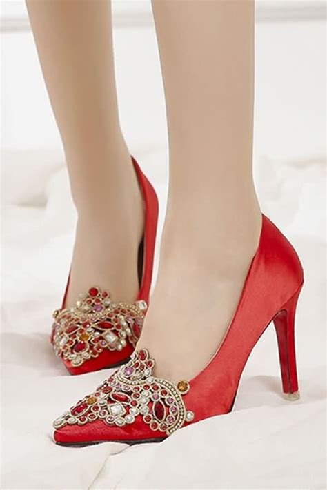 Red Rhinestone Decor Faux Leather Pointed Toe Stiletto High Heels | Heels, Fashion high heels ...