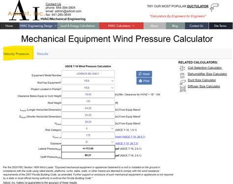 Wind Pressure Calculator for Mech Equip | Adicot, Inc.