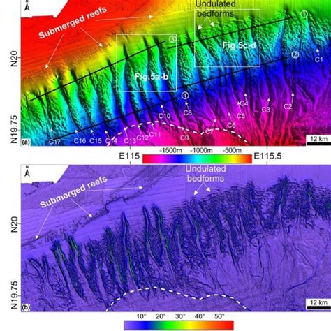 Topographic map a and slope gradient map, b of submarine canyons in the... | Download Scientific ...