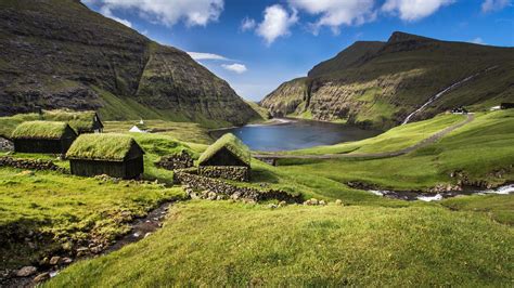 Wallpaper : Faroe Islands, house, mountains, lake, rocks, water, Denmark, clouds, sky 1920x1080 ...