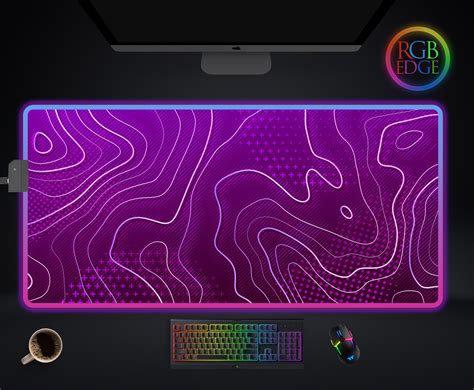 Purple RGB Desk Mat Topographic Map Mousepad - Gaming Led Neon Edges Gamer Mousemat - RGB Desk ...