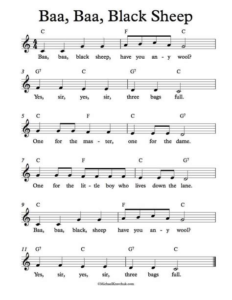 sheet music with the words baa, baa, black sheep