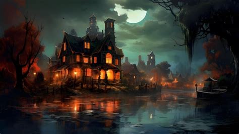 Premium AI Image | Halloween scene with haunted house and full moon