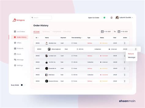 Order History - Admin Dashboard Design (Bringova) | 대시보드 ui, 대시보드 디자인, 웹디자인