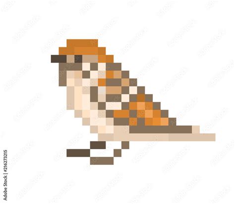 Pixel art sparrow isolated on white background. 8 bit little bird icon. Urban wildlife animal ...